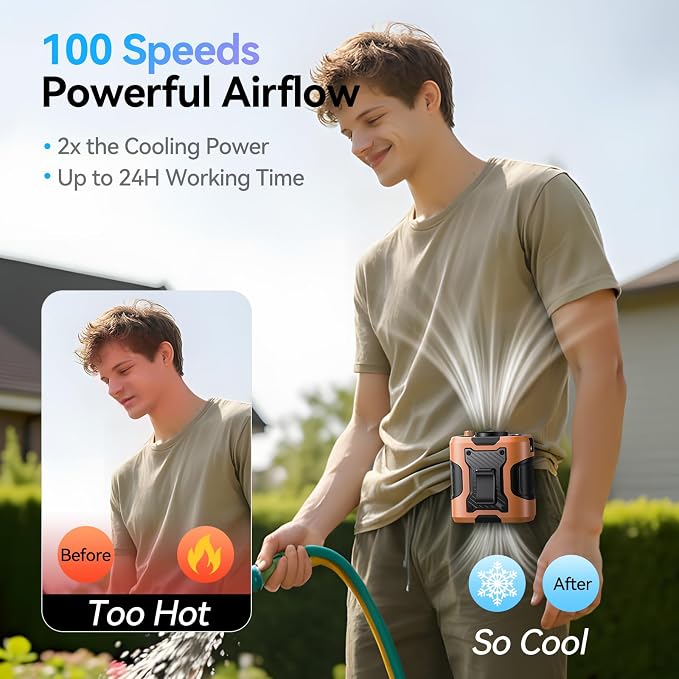 KIMMOO 5 in 1 Portable Waist Fan, 100 Speeds Powerful 13500RPM, Hands-Free Neck Fan with up to 24H Cooling, Rechargeable Personal Wearable Belt Body Shirt Fan for Camping Outdoor Jobsite, Orange - Image 4