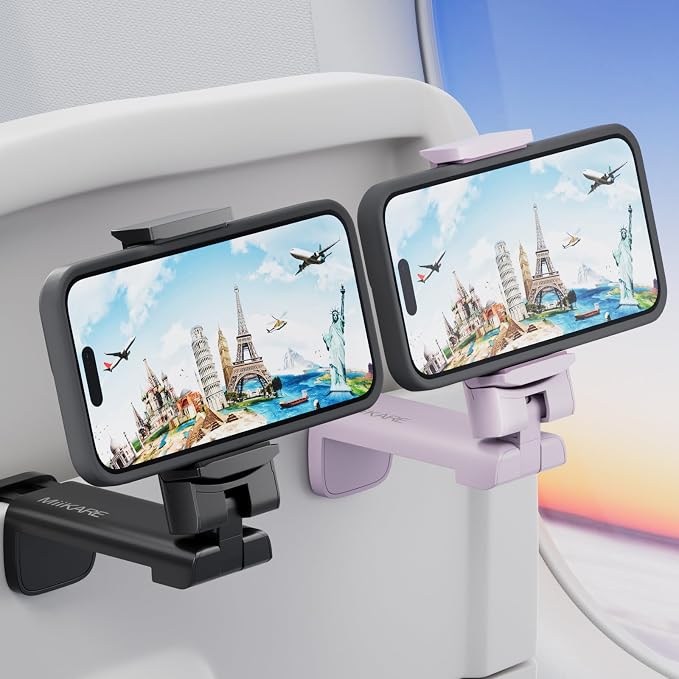 MiiKARE Travel Essentials Airplane Phone Holder, Universal Handsfree Phone Mount for Flying with 360 Degree Rotation, Travel Must Haves Phone Stand for Desk, Tray Table, Black&Purple by MiiKARE