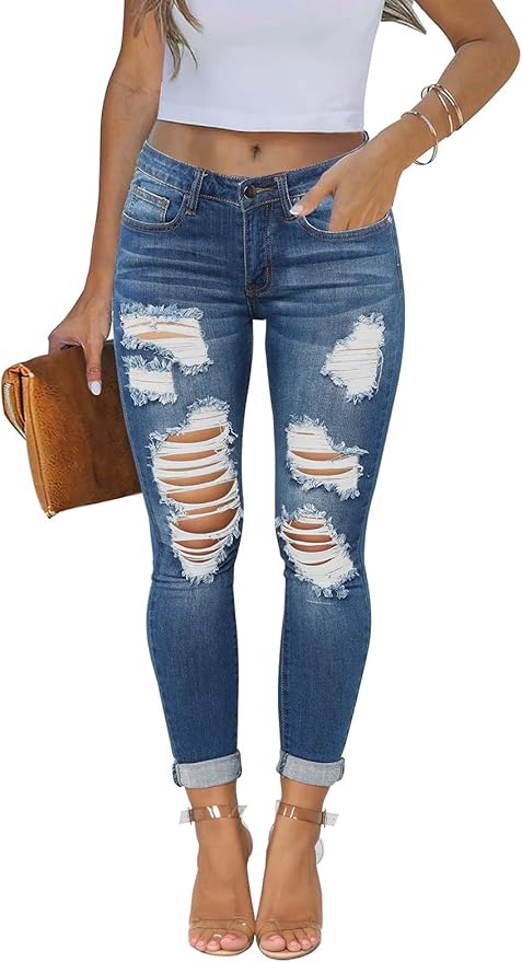 KUNMI Women's Skinny Ripped Trendy Jeans Distressed Stretchy Denim Pants by KUNMI