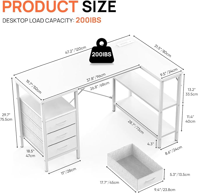 Alpen L Shaped Computer Desk, 47.2 Inch Corner Desk with Drawers and Power Outlets, Home Office Desk for Gaming, Study Writing PC Table with Storage and Reversible Shelf, White - Image 3