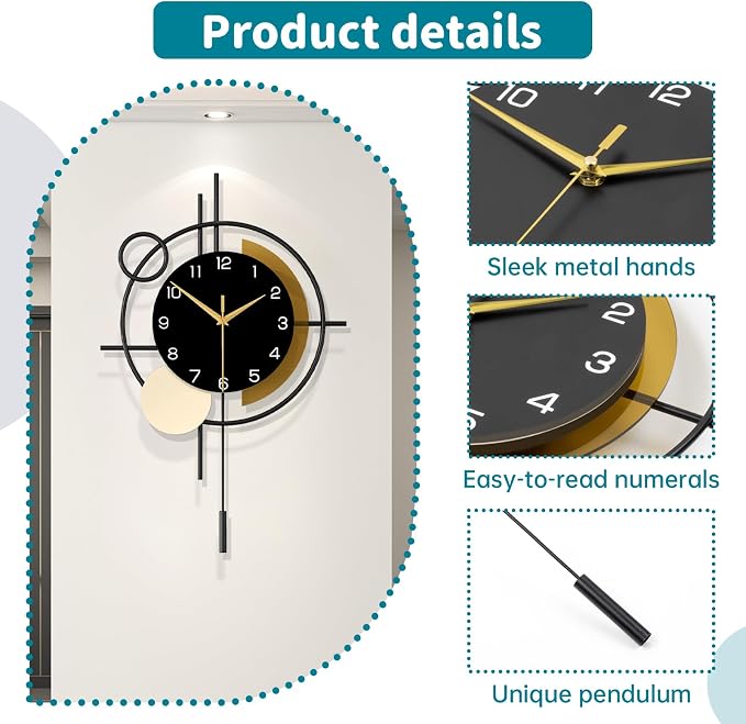 Large Wall Clock for Living Room Decor Modern Wall Clock with Pendulum Silent Quartz Battery Operated Metal Decorative Clock for Dining Room,Kitchen,Home,Bathroom,Bedroom,17.7x27.3 in - Image 5