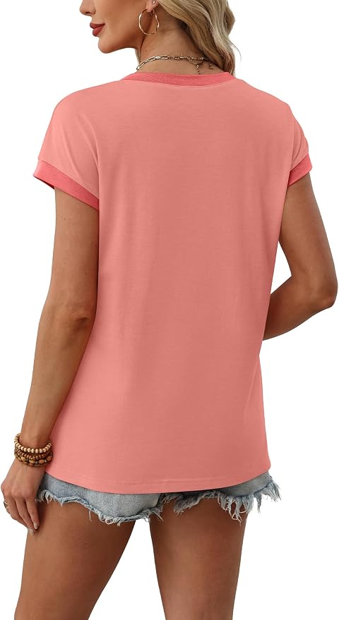 WIHOLL Womens Summer Tops 2026 Cap Short Sleeve Shirs V Neck T Shirts Fashion Beach Vacation Clothes Color Block - Image 5