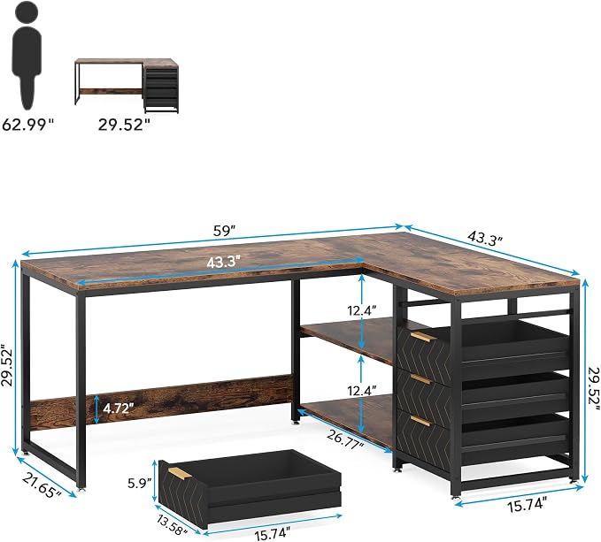 Tribesigns L Shaped Computer Desk with Storage Drawers, 59 inch Corner Desk with Shelves, Reversible L-Shaped Office Desk Study Writing Table Workstation for Home Office, Brown - Image 2