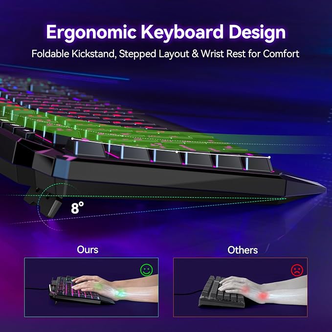 TECKNET Wired RGB Gaming Keyboard - 26-Key Anti-Ghosting, 13 Lighting Modes, Spill-Resistant, 108 Membrane Keys, Plug & Play - with Ergonomic Wrist Rest & Phone Holder for Windows/Mac (Black) - Image 3