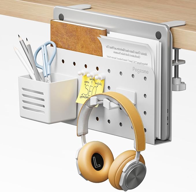 PEGZONE Desk Side Storage Organizer, Fits Flat Edge 0.4" to 2.2", White | No Drill Under Desk Laptop Holder, Clamp on Desks Shelf with Pegboard Accessories, Hanging Laptop Mount by Pegzone
