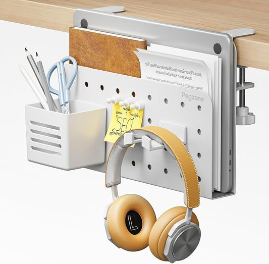 PEGZONE Desk Side Storage Organizer, Fits Flat Edge 0.4" to 2.2", White | No Drill Under Desk Laptop Holder, Clamp on Desks Shelf with Pegboard Accessories, Hanging Laptop Mount by Pegzone