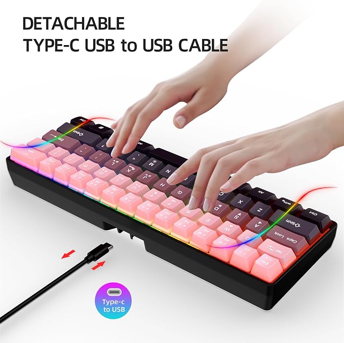 Snpurdiri 60% Wired Gaming Keyboard, Pink-Black | 61 Keys, RGB Backlit Ultra-Compact Small Gaming Keyboard for PC/Mac Gamer, Typist, Travel, Easy to Carry on Business Trip - Image 8