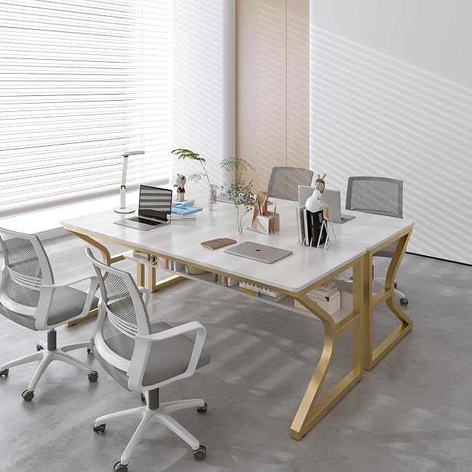 OSCHF 63-Inch Extra Long Desk with Storage Shelf, Gold | Double Long Writing Table, Space-saving, 2-Person Workstation, Modern Study Work Computer Desk, For Home Office - Image 8