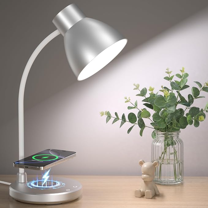 LED Desk Lamp for Home Office with Wireless Charger, Silver | 3 Color Modes Dimmable Eye-Caring Study Reading Dorm Desk Lamp, 360° Flexible Arm Table Lamp for College Dorm Room, 800 Lumen by Vicsoon