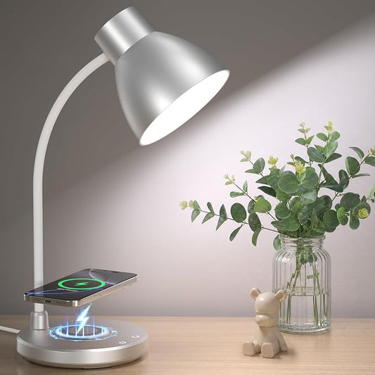 LED Desk Lamp for Home Office with Wireless Charger, Silver | 3 Color Modes Dimmable Eye-Caring Study Reading Dorm Desk Lamp, 360° Flexible Arm Table Lamp for College Dorm Room, 800 Lumen by Vicsoon