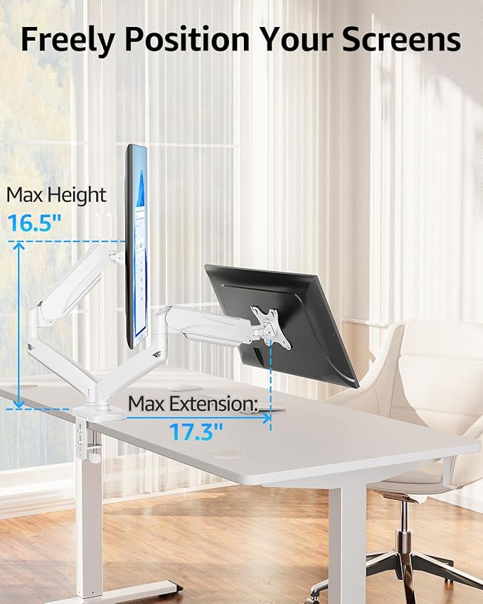 MOUNTUP Dual Monitor Stand for Desk, Monitor Arms for 2 Monitors Max 32 Inches, Height Adjustable Double Monitor Mount, VESA Mount with C-Clamp & Grommet Base, Holds 4.4-17.6lbs, White - Image 6