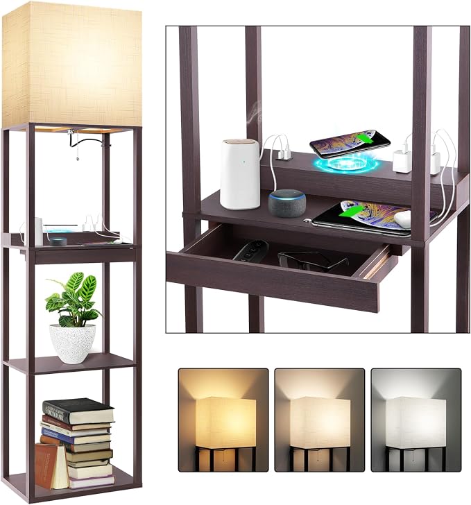 RUNTOP Floor Lamp with Shelves, Modern Standing Lamp with Wireless Charger, 1 Drawer and 2 USB Ports & 2 Power Outlet, 15W LED Bulb 3 Colors, Memory Function, Shelf Lamp for Living Room and Bedroom by RUNTOP
