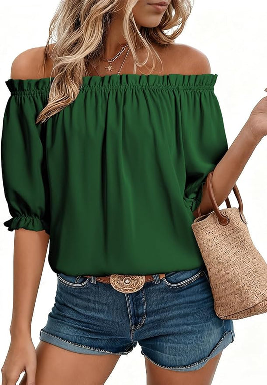 EVALESS Womens Tops Off The Shoulder Blouses for Women Dressy Casual Cute Puff Sleeve T Shirts Fashion 2026 by EVALESS