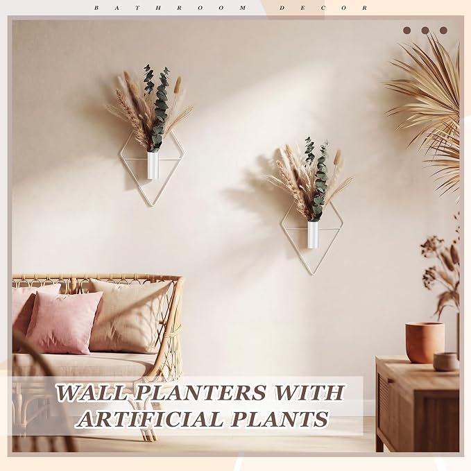 Jexine 8 Pcs Hanging Planters with Artificial Pampas Metal Hanging Vase Indoor Plants Holder Modern Geometric Boho Bathroom Wall Decor for Living Room Home Office(White) - Image 6