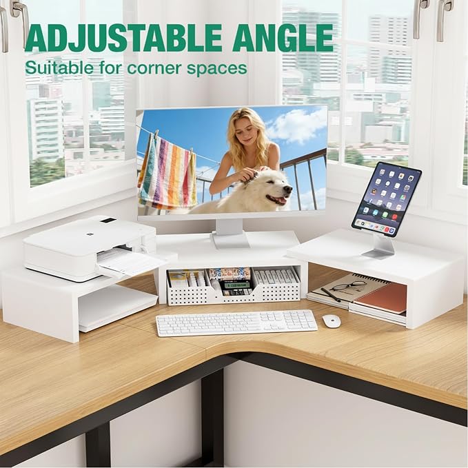 OPNICE Desk Organizer, Dual Computer Monitor Stand Riser with Drawer, Office Desk Accessories & Workspace Organizers, White - Image 4