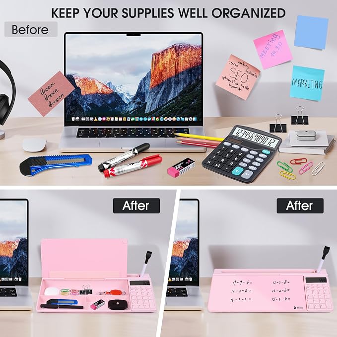 Varhomax Glass Desk Whiteboard Pink with Calculator, Desktop Dry Erase White Board with Storage, to Do List Memo Notepad for Home and Office - Image 4