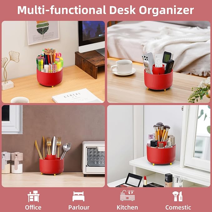 Marbrasse Desk Organizer, 360-Degree Rotating Pen Holder for Desk, Desk Organizers and Accessories with 5 Compartments Pencil Organizer, Art Supply Storage Box Caddy for Office, Home (Red) - Image 2
