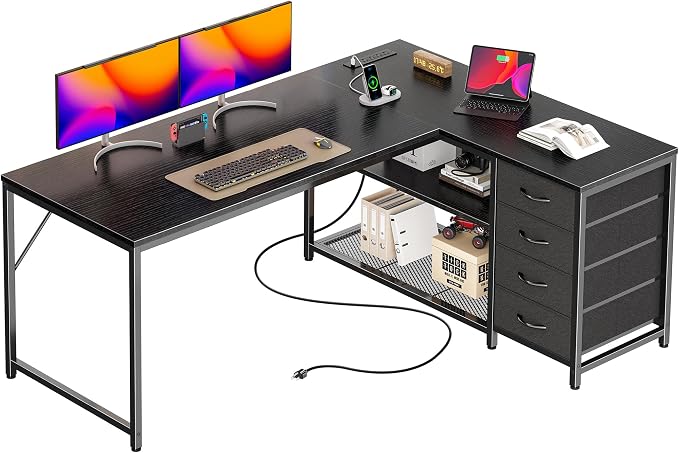 PRAISUN 53" L Shaped Desk with Power Outlets & USB-C Port, Reversible Computer Corner Office Desk with 4 Fabric Drawers and 2 Storage Shelves, Large Desk for Gaming Writing Work Study, Black by PRAISUN