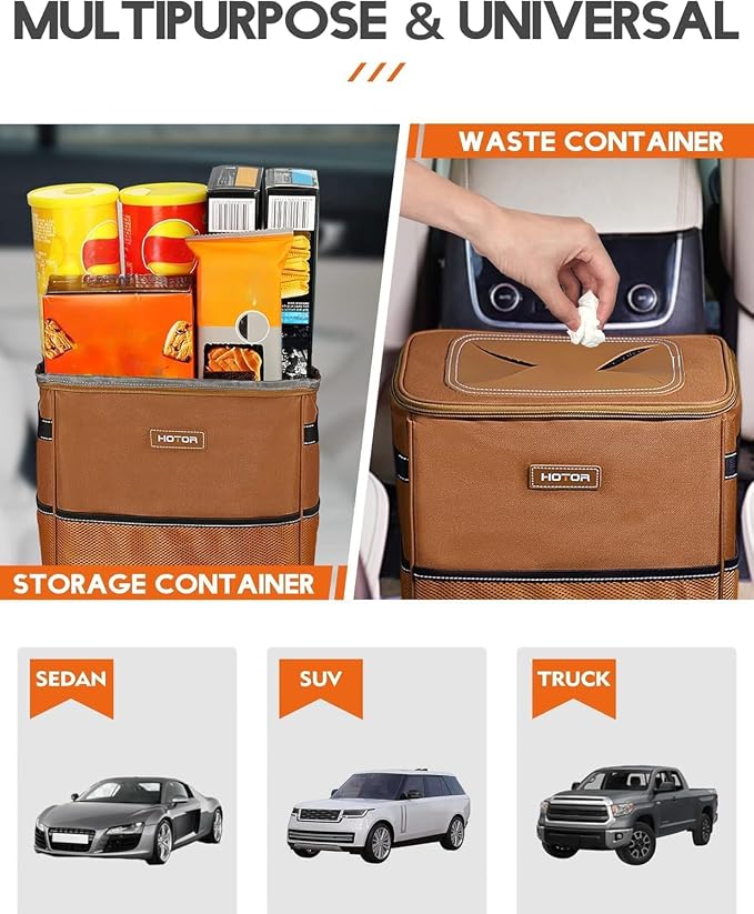HOTOR Brown Car Trash Can with Adjustable Strap, Magnetic Snaps, Waterproof Lining, and Storage Pocket - Image 6