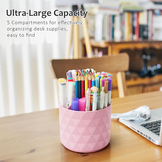Desk Organizer, 360-Degree Rotating Pencil Pen Holders For Desk, Diamond Pattern Pen Organizer With 5 Compartments, Cute Desk Accessories Decor For Office, School,Home,Art Supply (Pink) - Image 2