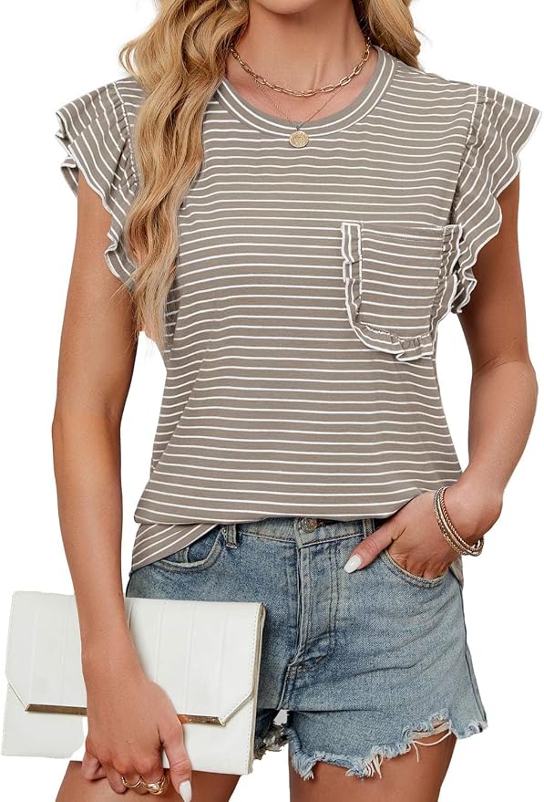 JUSTFASHIONNOW Womens Summer Tops Striped T-Shirts 2026 Ruffle Short Sleeve Crew Neck Casual Blouses with Pocket - Image 4