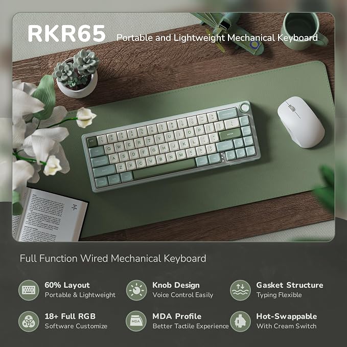 RK ROYAL KLUDGE R65 Wired Mechanical Keyboard, 60% Percent Creamy Gaming Keyboard Gasket Mount RGB Backlit with Programmable Knob, MDA Profile PBT Keycaps, QMK/VIA, Hot Swappable Linear Switch, Cyan - Image 2