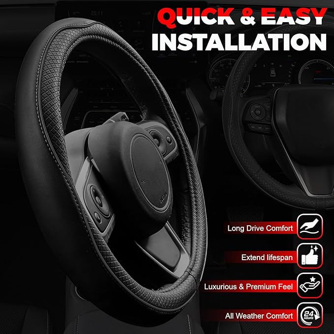Ouzorp Car Steering Wheel Cover, Microfiber Leather Steering Wheel Covers with Anti-Slip Lining, Universal 14.5-15 inchs Black - Image 4