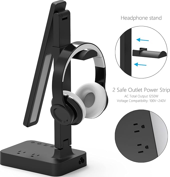 Drevet LED Desk Lamp with Headphone Stand, Desk Light with 1 USB Charging Port and 2 AC Power Outlet, 3 Lighting Modes, 3 Level Brightness,1H Timer, Memory Function, Eye-Caring Gaming Desk Lamp - Image 3
