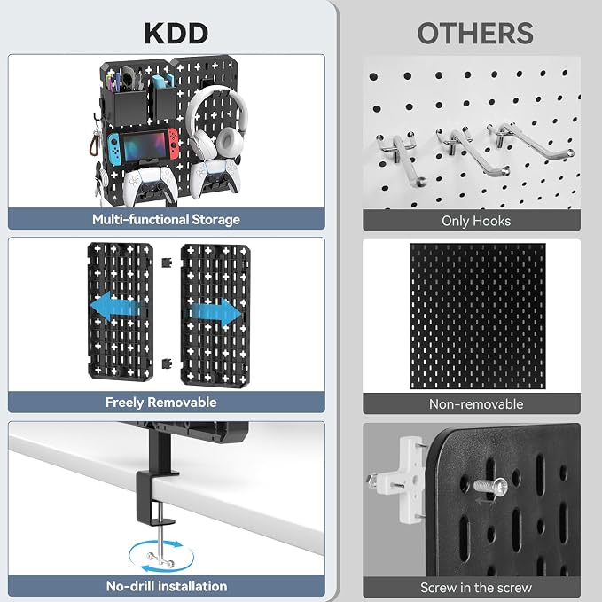 KDD 7 in 1 Clamp-on Desk Pegboard - No Drill Desk Side Storage with Phone Stand/Pen Holder/Storage Box/Headset & Controller Holder/Hooks, Detachable Gaming Pegboard for Office & Home Desktop Organizer - Image 5