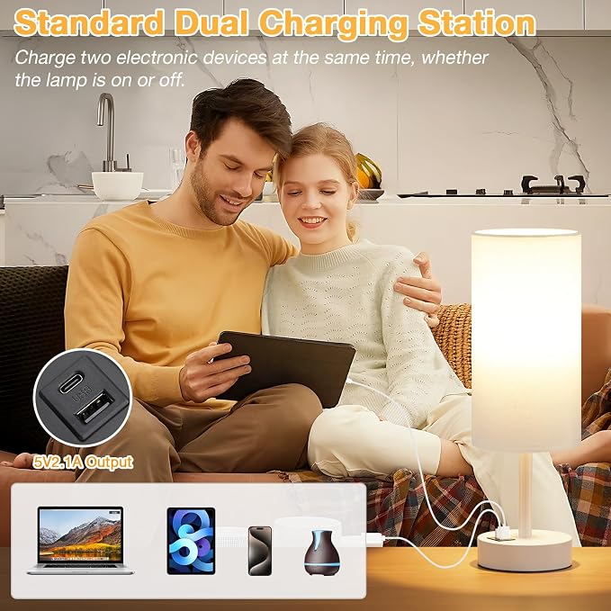 Dicoool Bedside Table Lamp for Bedroom - 3-Way Dimmable Touch Lamp, USB A+C | LED Bulb Included, 14" Small Nightstand Lamp for Desk, Living Room, Guest Room, White Fabric Lampshade, White Metal Base - Image 4
