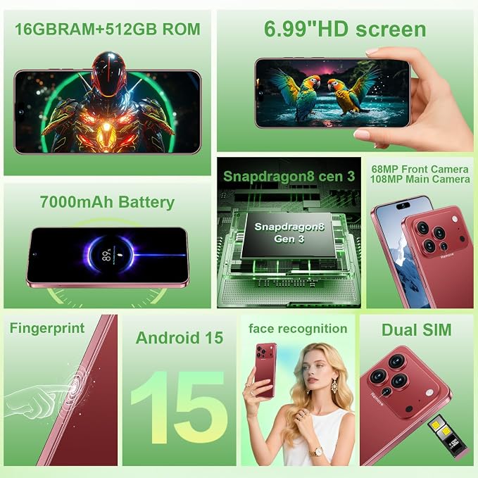 17 PMAX Unlocked Cell Phone,16GB+512GB Smartphone,6.99" HD Screen Android 15 5G Phones,Battery 7000mAh Android The Phone,Fingerprint Button Unlock/GPS/Face ID/Dual SIM/5G (Wine Red) - Image 2