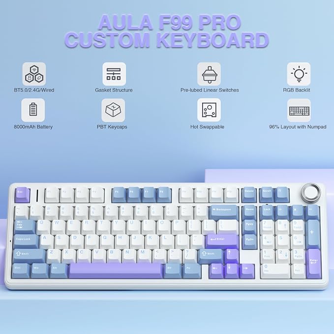 AULA F99 Pro Wireless Mechanical Keyboard with Knob,Creamy Sound,Tri-Mode BT5.0/USB-C/2.4GHz Hot Swappable Keyboard,Gasket Structure,RGB Backlit Computer Gaming Keyboards - Image 2
