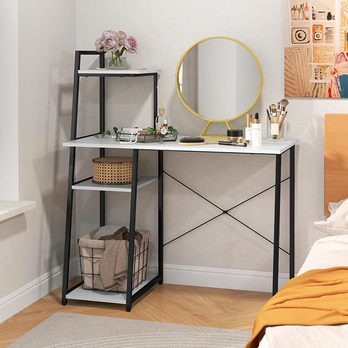 Giantex Computer Desk with Shelves, 47.5” Home Office Desk with Bookshelf, Host Stand, Metal Frame, PC Laptop Workstation, Modern Study Writing Desk for Bedroom, Small Space (White & Black) - Image 7