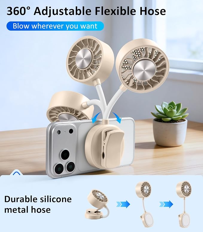 Magnetic Phone Fan with Ice Cooling, 3-in-1 Clip on Fan & Phone Stand, Rechargeable Mini Handheld Fan, 360° Flexible Gooseneck Portable Fan for Cruise Travel Desk Gym Makeup,（Beige） - Image 4