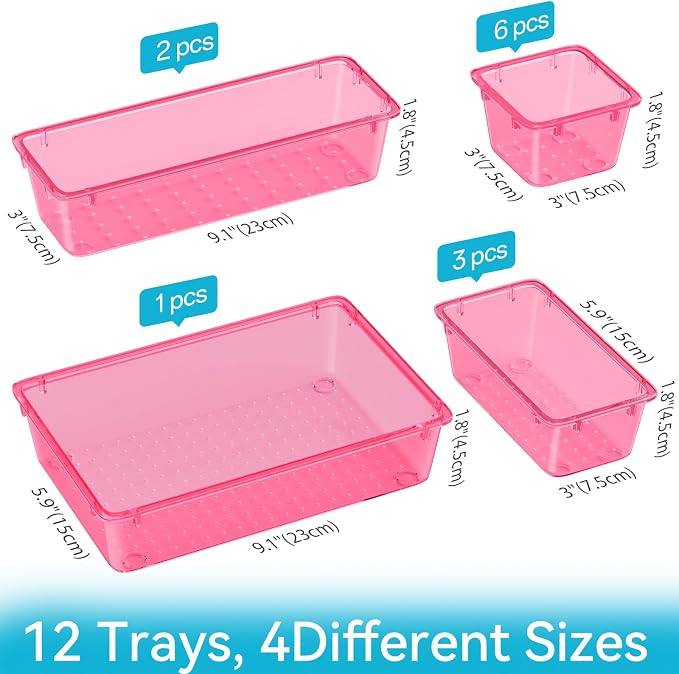 12 PCS Drawer Organizer Set, Makeup Organizers, Tool Storage Trays, Pink | 4 Sizes, Plastic, Stackable, Multiple Gadgets, Desk Drawer Divider Organizers, for Makeup, Office Supplies Storage - Image 4