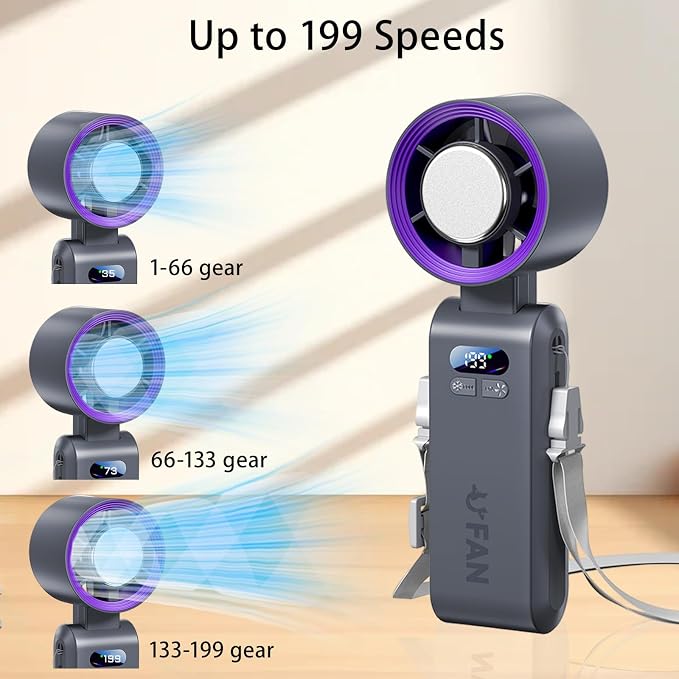 Handheld Fan, Portable Handheld Fan with Ice Function, mini personal fan, Turbo Powerful Rechargeable Fans,1-199 Speed, Foldable, for Women Men Outdoor Indoor travel essentials(Grey) - Image 5