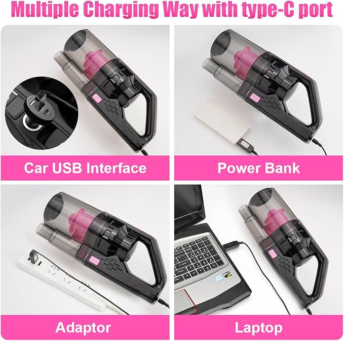 Car Vacuum Cordless Rechargeable, 8000PA High Power Handheld Vacuum Cleaner with 17PCS Car Cleaning Kit, Pink Auto Accessories for Women Gift - Image 4