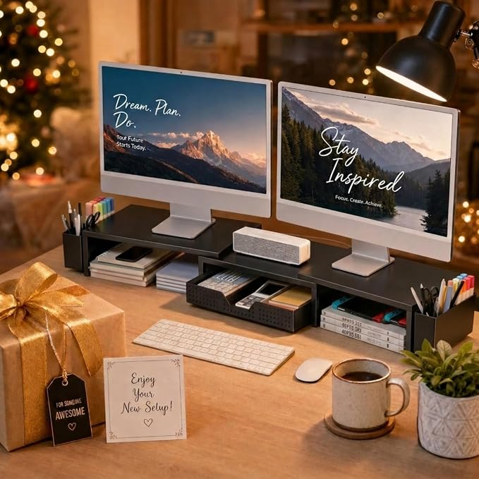 OPNICE Desk Organizers and Accessories, Dual Monitor Stand Riser with Drawer and 2 Pen Holders, Desk Shelf Metal Computer Racks for Office Workspace Organizers, Desktop Organization (Black Metal) - Image 9