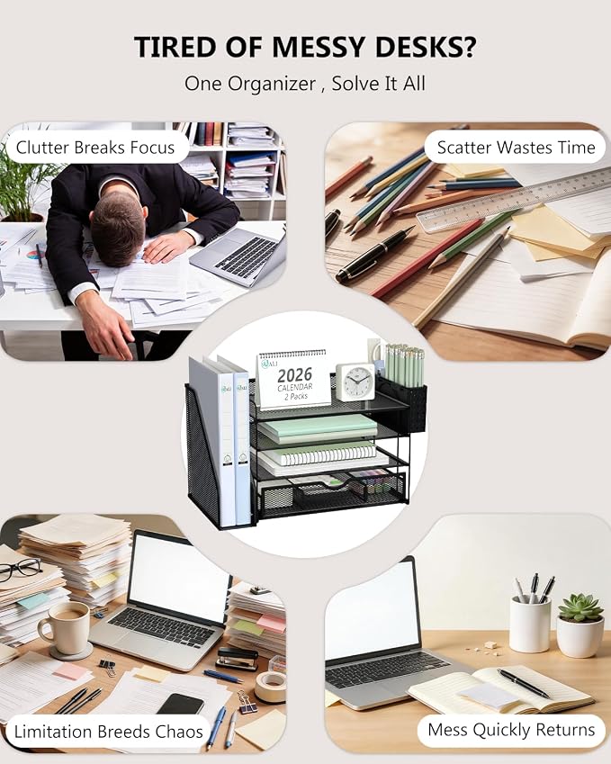 WALI Desk File Organizer, 4 Tier Desktop Paper Letter Tray Organizer with Drawer and 2 Pen Holders, Office Desk Accessories & Workspace Organizers for Office, Home Supplies(DO005DH-2B), 2 Packs, Black - Image 3