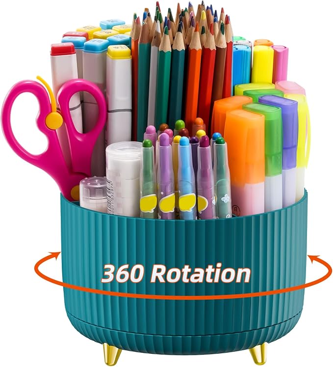 Marbrasse Desk Organizer, 360-Degree Rotating Pen Holder, Desk Organizers and Accessories with 5 Compartments Pencil Organizer, Art Supply Storage Box Caddy for Office, Home（Green） by Marbrasse