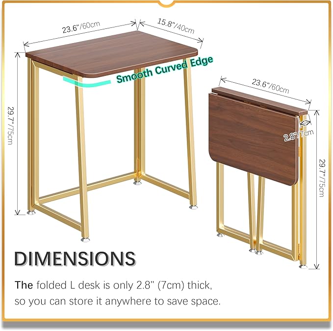 4NM 23.6" Mobile Small Folding Desk, Foldable Rolling Computer Home Office Desk, Study Writing Table for Small Space Saving Bedroom, with Wheels - Brown and Gold - Image 2