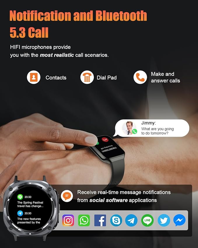 Military Smart Watches for Men(Answer/Make Calls), 1.39" HD Fitness Watch, 24/7 Heart Rate Sleep Monitor, Smart Watch for Men,114+ Sport Modes, IP68 Waterproof Smartwatch for Android iOS, 30Day, Black - Image 2