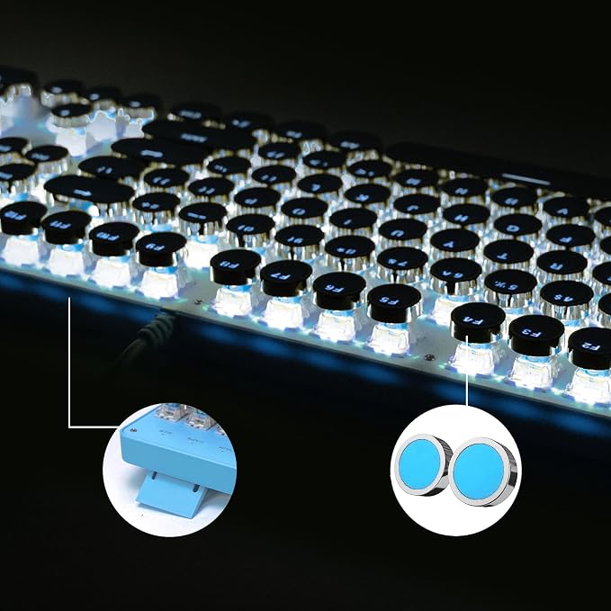 YSCP Typewriter Style Mechanical Gaming Keyboard White Backlit Wired with Blue Switch Retro Round Keycap 104 Keys Keyboard (Blue) - Image 7