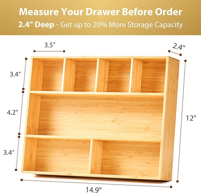 Umilife Large Bamboo Desk Drawer Organizer, Wood Office Junk Tray, 15"x12" | 2.4" Tall for Deep Drawer - Adjustable slots - Anti Slip Silicone Pads - Versatile Storage Box in Kitchen, Pantry - Image 4