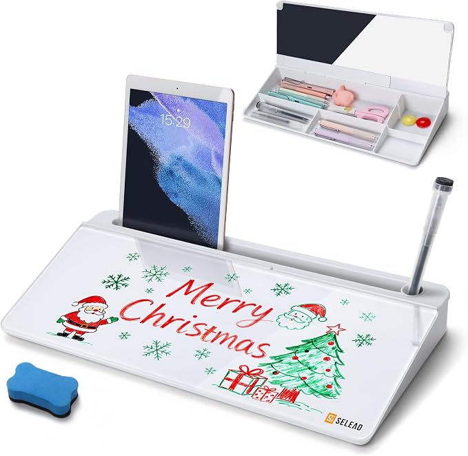 SELEAD Desktop Glass Whiteboard with Organizer & Built-in Mirror, Small Dry Erase White Board Computer Pad Keyboard Stand for Home, School, Office Desk Accessories - White by SELEAD