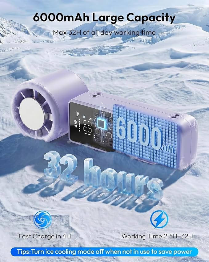 Portable Turbo Fan with Ice Cooling, 7.4m/s High Speed Handheld & Neck Fan, 180° Foldable 4-in-1, Carabiner Clip, 100 Speeds Stepless Control, USB-C Rechargeable, for Travel Makeup Hot Flashes - Image 2