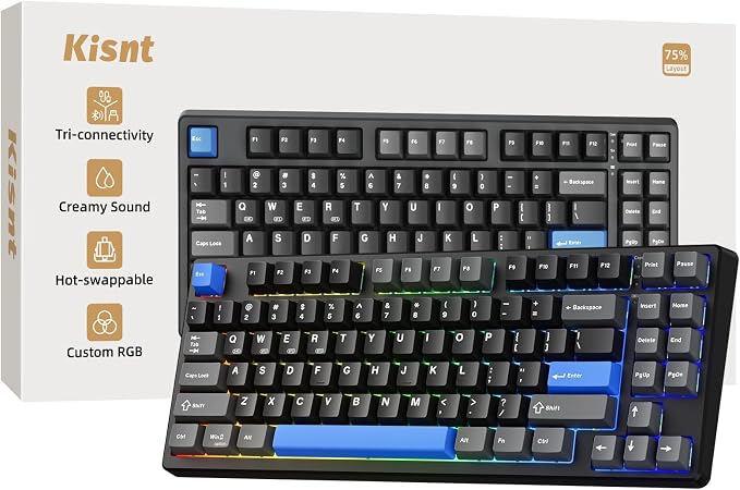 Kisnt KN85 Wireless Mechanical Keyboard, 75% Layout, Bluetooth/2.4GHz/USB-C, Custom RGB Backlit, Hot-Swappable Linear Switch, Creamy Sound for Gaming/Typing (Textured Black) by Kisnt