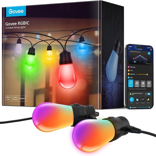 Govee Smart Outdoor String Lights H7015, 48ft RGBIC Outdoor Lights with 15 Dimmable LED Bulbs, IP65 Waterproof, Color Changing Warm White Lights with 47 Scene Modes for Patio, Backyard, App Control | 15 Dimmable LED Bulbs Outdoor Lights with Color Chan... by Unknown