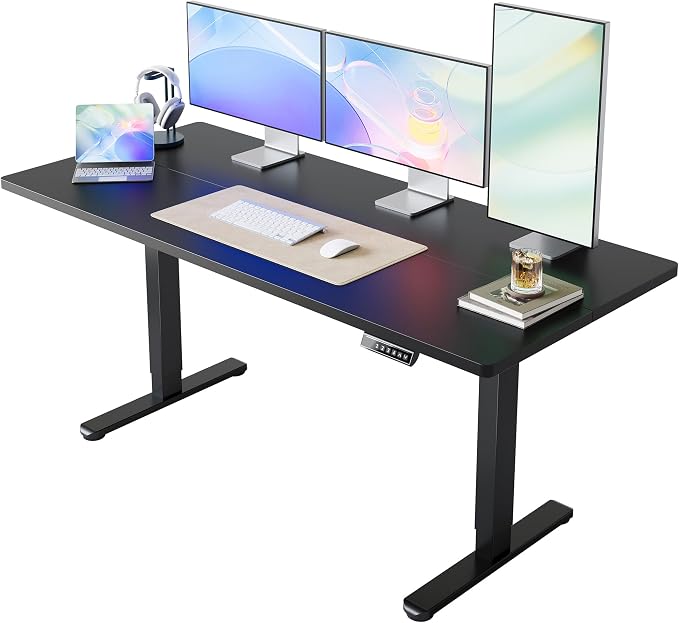 HUANUO 63x28 Inch Electric Standing Desk, Height Adjustable, Black | Smooth Home Office Desk, 176lbs Capacity with 4 Memory Presets & Headphone Hooks. Easy to assemble Computer Gaming desk by HUANUO