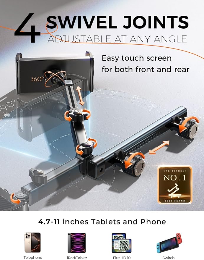 LISEN for iPad Holder Car Tablet Mount, Road Trip Essentials Toddler Kids Travel Gifts, Car Accessories for Women Interior Organizer Mens Truck 3in1 Tablet Holder for Car Camping Back Seat Headrest - Image 9